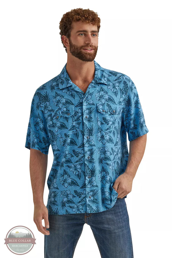 Wrangler 112344429 Coconut Cowboy Short Sleeve Snap Camp Shirt in Blue Tropics Front View