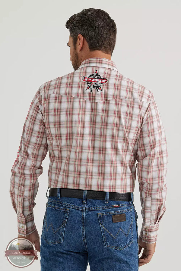 Wrangler 112344434 PBR Logo Long Sleeve Snap Shirt in Red Tan Back View