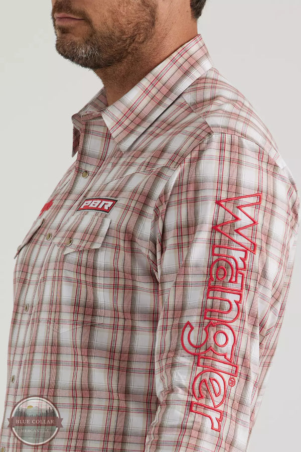 Wrangler 112344434 PBR Logo Long Sleeve Snap Shirt in Red Tan Sleeve Detail View