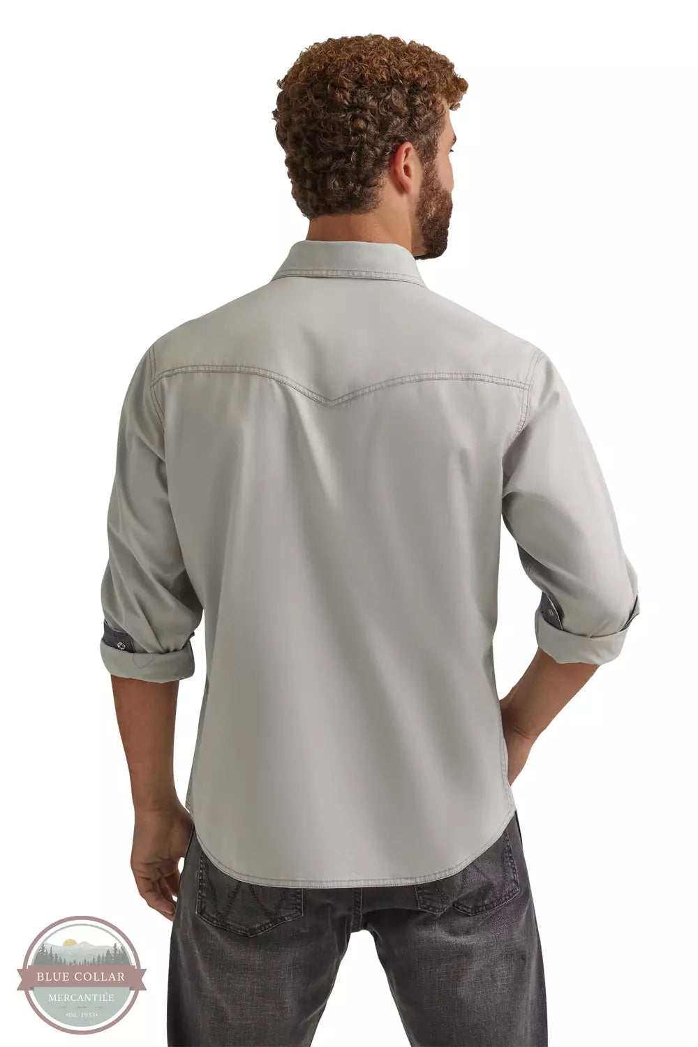 Wrangler 112344544 Retro Premium Long Sleeve Snap Shirt in Silver Grey Back View