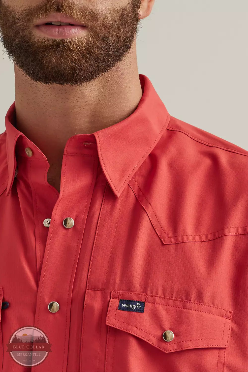 Wrangler 112344571 Performance Snap Shirt in Red Front Detail View