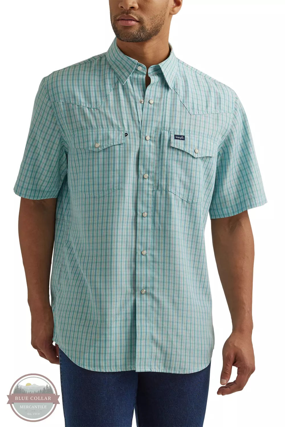 Wrangler 112344595 Performance Snap Shirt in Sky Blue Plaid Front View