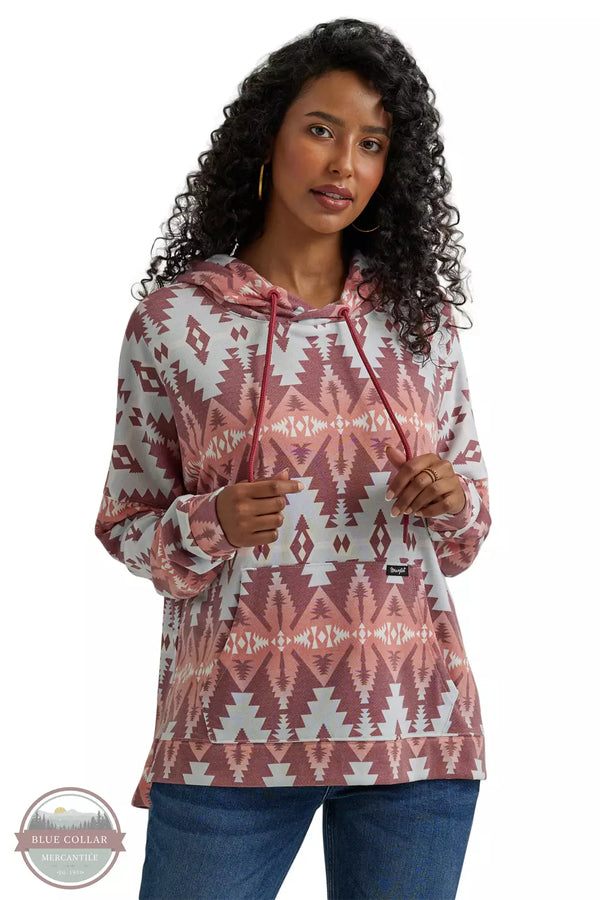 Wrangler 112344654 Geometric Relaxed Pullover Hoodie in Red Geo Front View