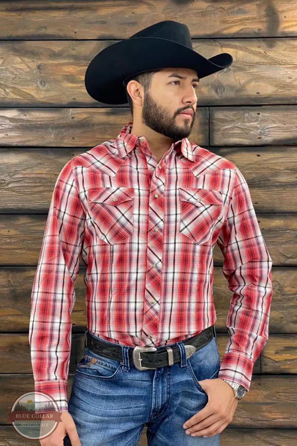 Wrangler 112344817 Long Sleeve Snap Shirt in Red Plaid Front View