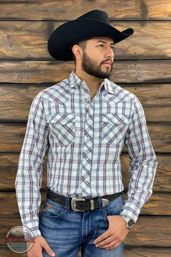 Wrangler 112344819 Long Sleeve Snap Shirt in Blue Plaid Front View