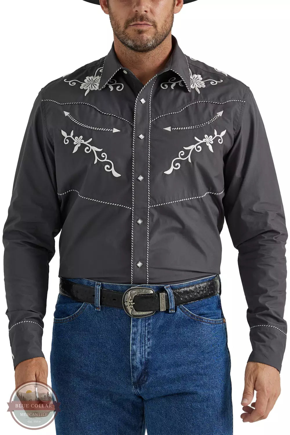 Wrangler 112345061 Rodeo Ben Long Sleeve Snap Shirt in Embroidered Grey Front View