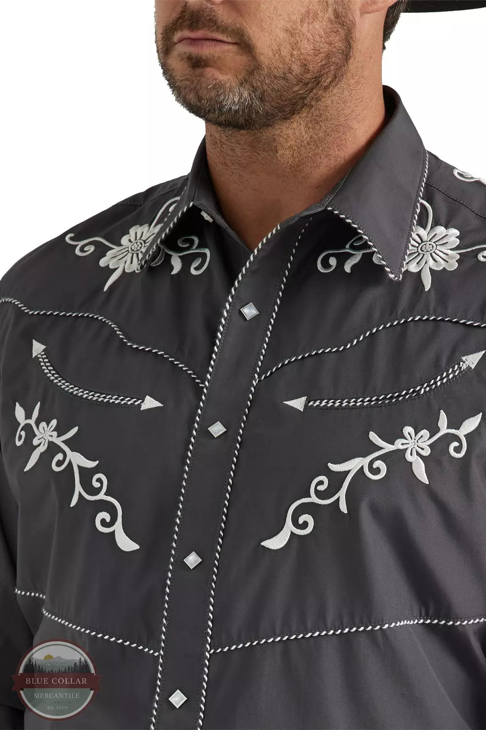 Wrangler 112345061 Rodeo Ben Long Sleeve Snap Shirt in Embroidered Grey Front Detail View