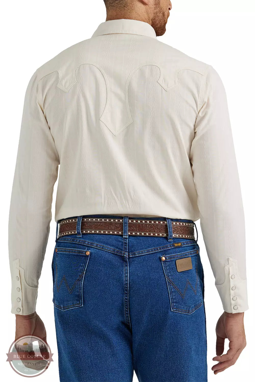 Wrangler 112345064 Rodeo Ben Long Sleeve Snap Shirt in Ivory Textured Back View