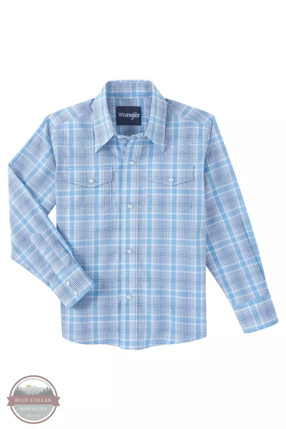 Wrangler 112346280 Blue Plaid Western Snap Shirt Front View