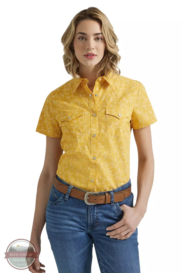 Wrangler 112347162 Yellow Western Snap Short Sleeve Shirt Front View