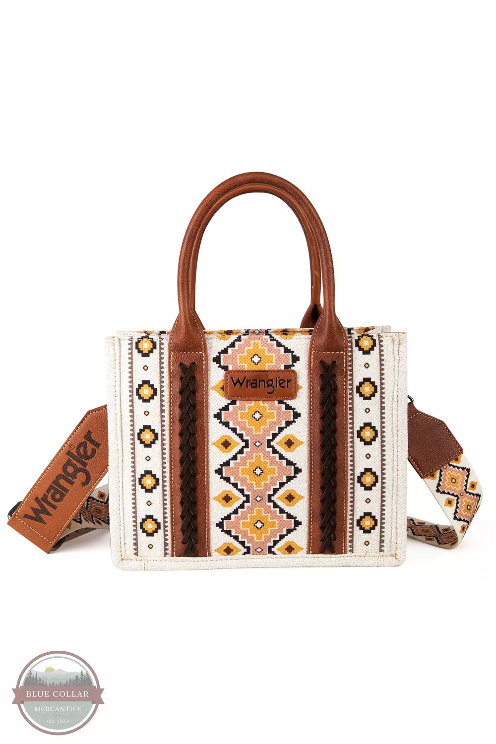 Wrangler WG2202-8120S Southwestern Print Canvas Small Crossbody Tote Bag Coffee Front View
