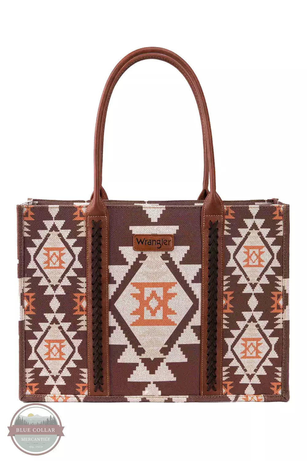 Wrangler WG2203-8119 Southwestern Print Canvas Wide Tote Bag Coffee Front View