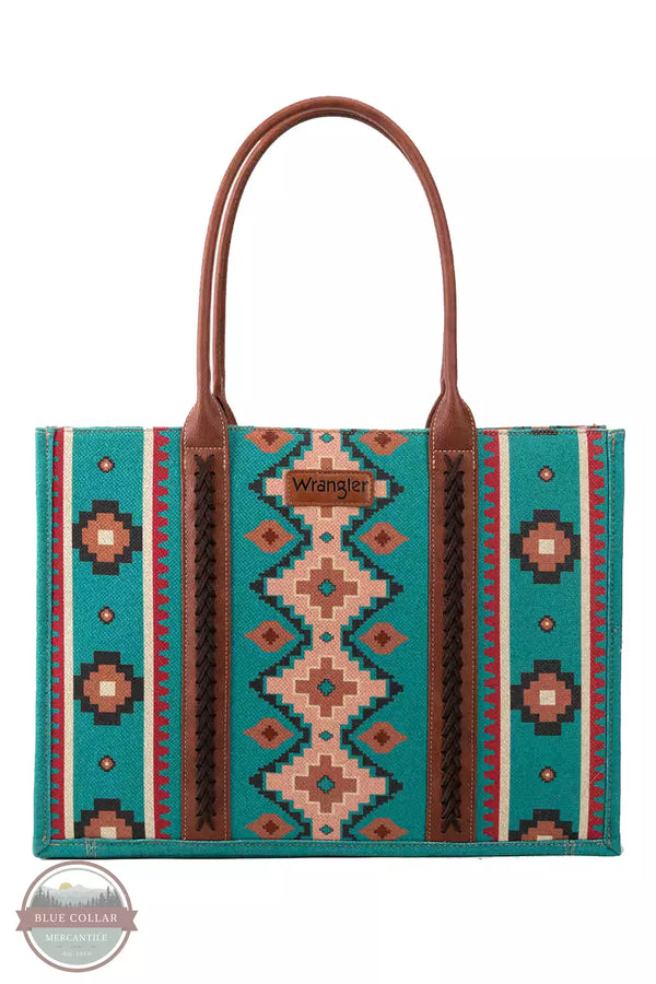 Wrangler WG2203-8119 Southwestern Print Canvas Wide Tote Bag Turquoise Front View
