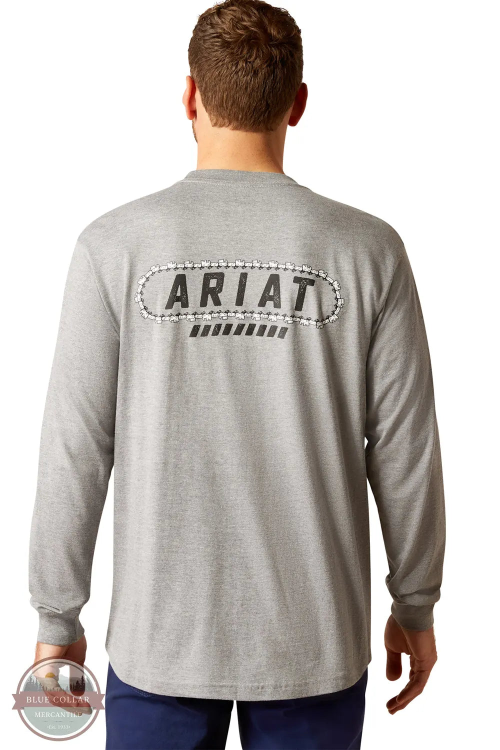 Ariat 10052054 Rebar Long Sleeve Cotton Strong Chainsaw Logo T-Shirt in Heather Grey model back image