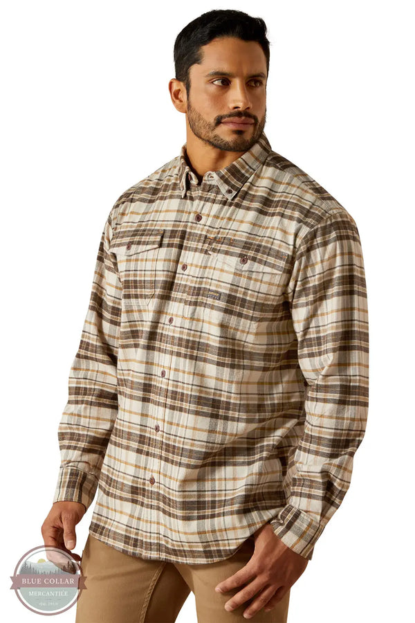 Ariat 10062523 Rebar Flannel DuraStretch Plaid Long Sleeve Shirt in Tan, front