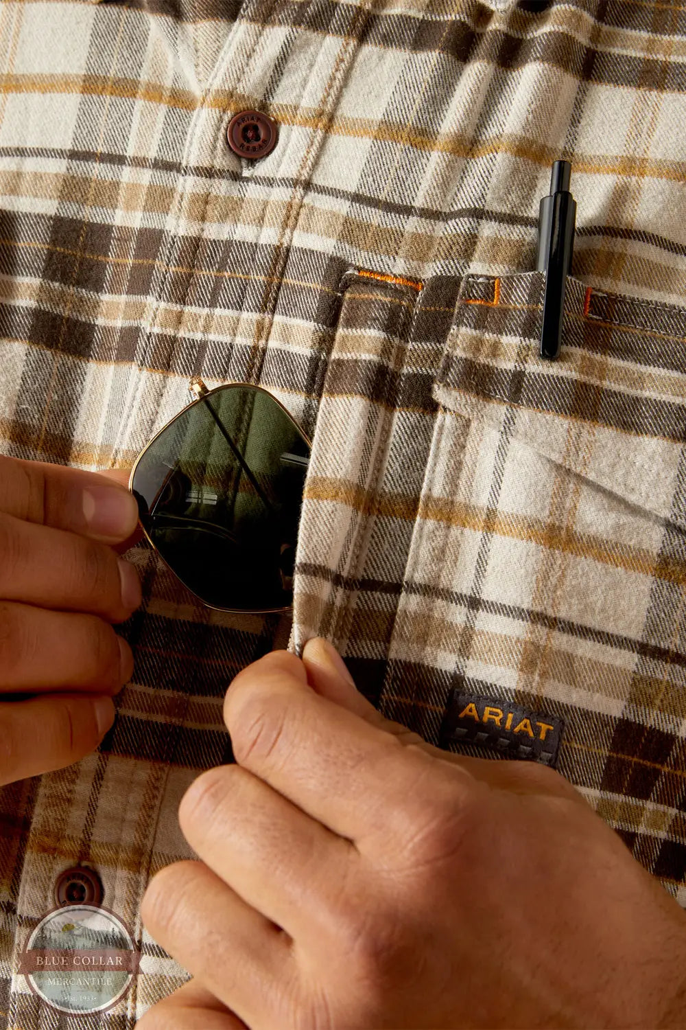 Ariat 10062523 Rebar Flannel DuraStretch Plaid Long Sleeve Shirt in Tan, zoom