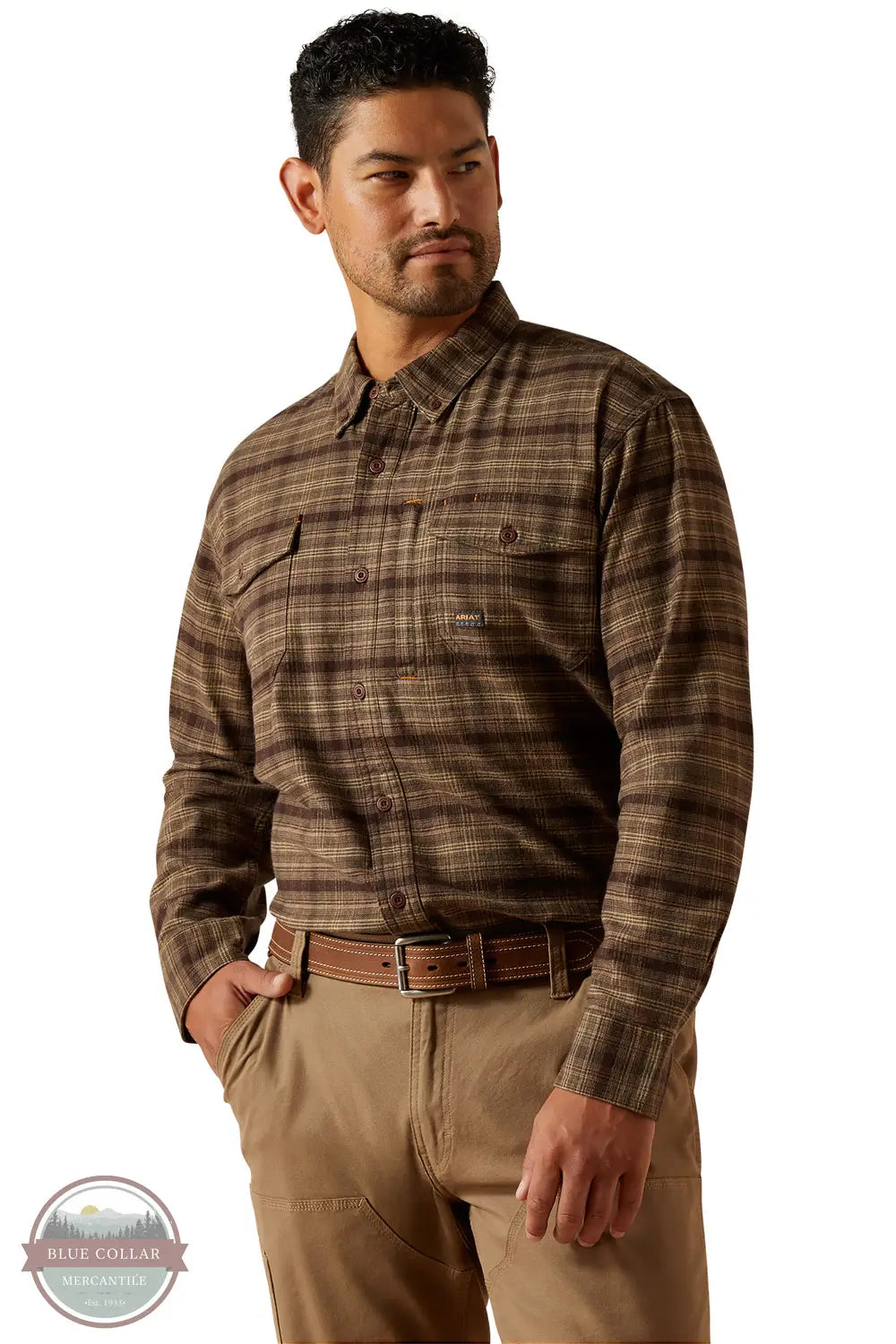 Ariat 10062531 Rebar Flannel DuraStretch Plaid Long Sleeve Shirt in Brown, front
