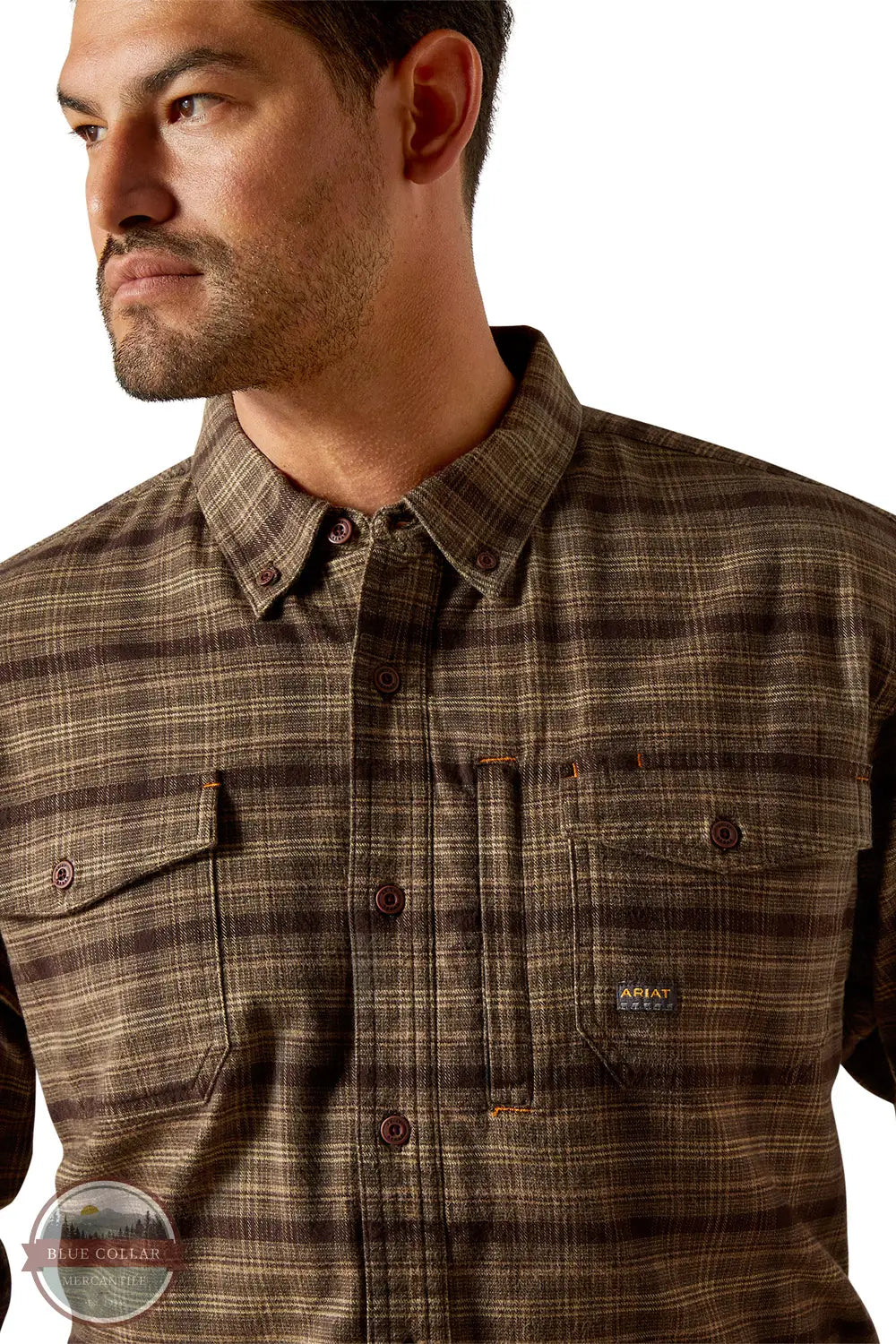 Ariat 10062531 Rebar Flannel DuraStretch Plaid Long Sleeve Shirt in Brown, zoom