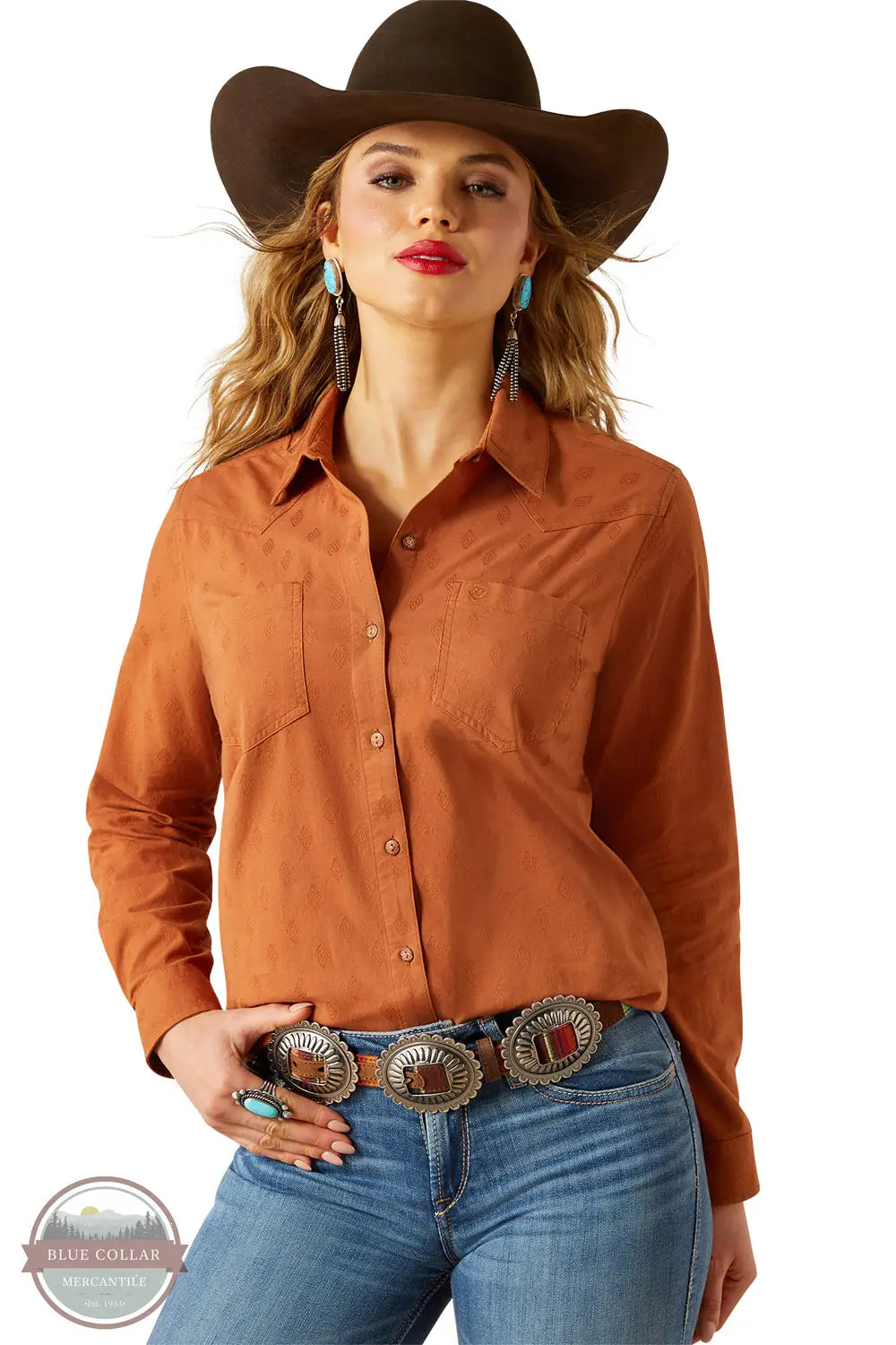 Ariat 10062672 REAL Billie Jeans Tone-on-Tone Long Sleeve Shirt in Orange, front