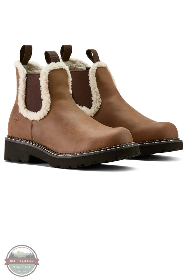 Pair of brown Chelsea boots with shearling lining on a white background Ariat 10063848 Fatbaby Chelsea Cozy Western Boot