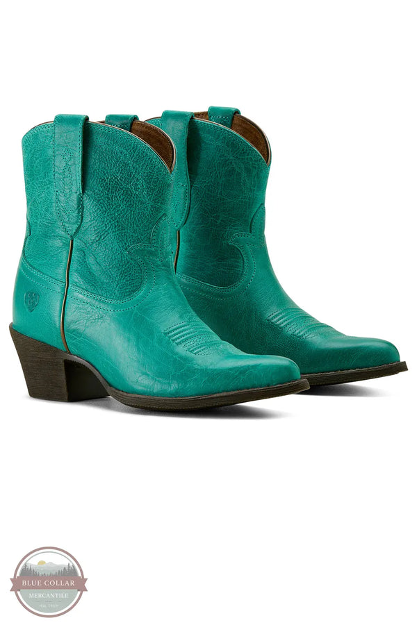 Pair of turquoise cowboy boots on a white background Ariat 10063939 Maggie J Toe Shortie Western Boot in Turquoise