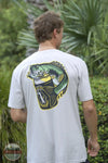 Local Boy Outfitters L1000736-SIL Beer Bass T-Shirt in Silver on model showing back print in tropical setting