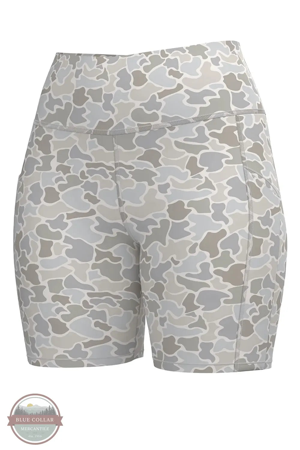 Local Girl LG Biker Shorts in Forest Camo Saltwater front view of shorts