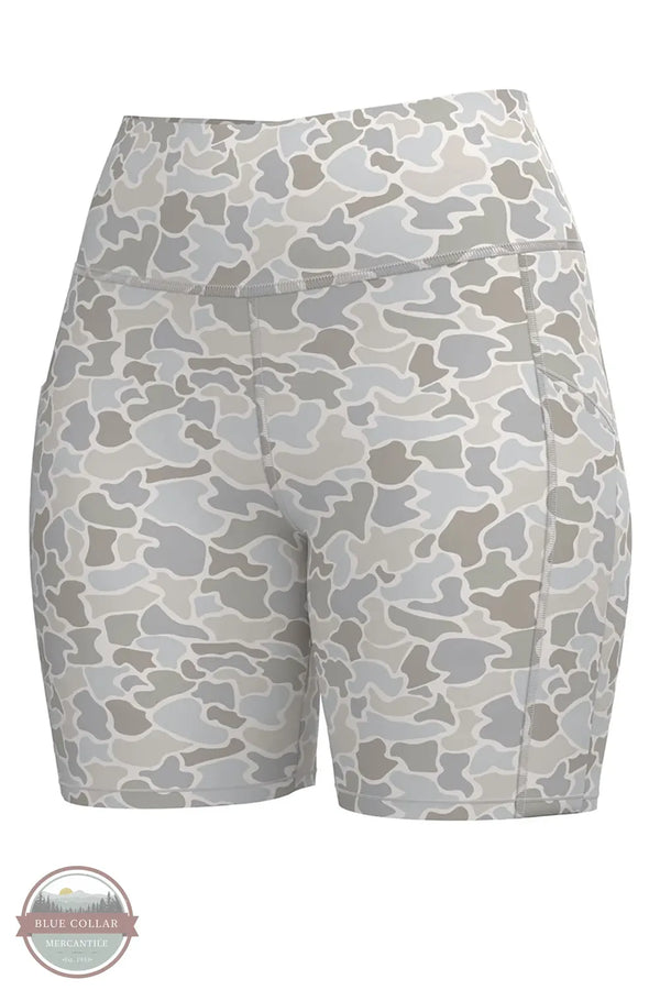 Local Girl LG Biker Shorts in Forest Camo Saltwater front view of shorts
