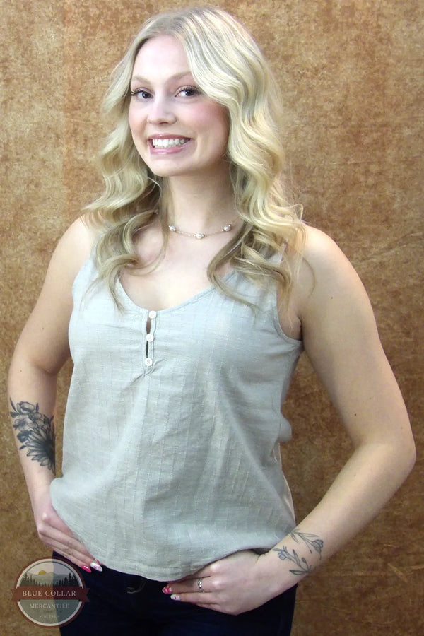 North River Apparel NRL5112-PLZTP Bimini Sleeveless Woven Henley Top Front View in Taupe