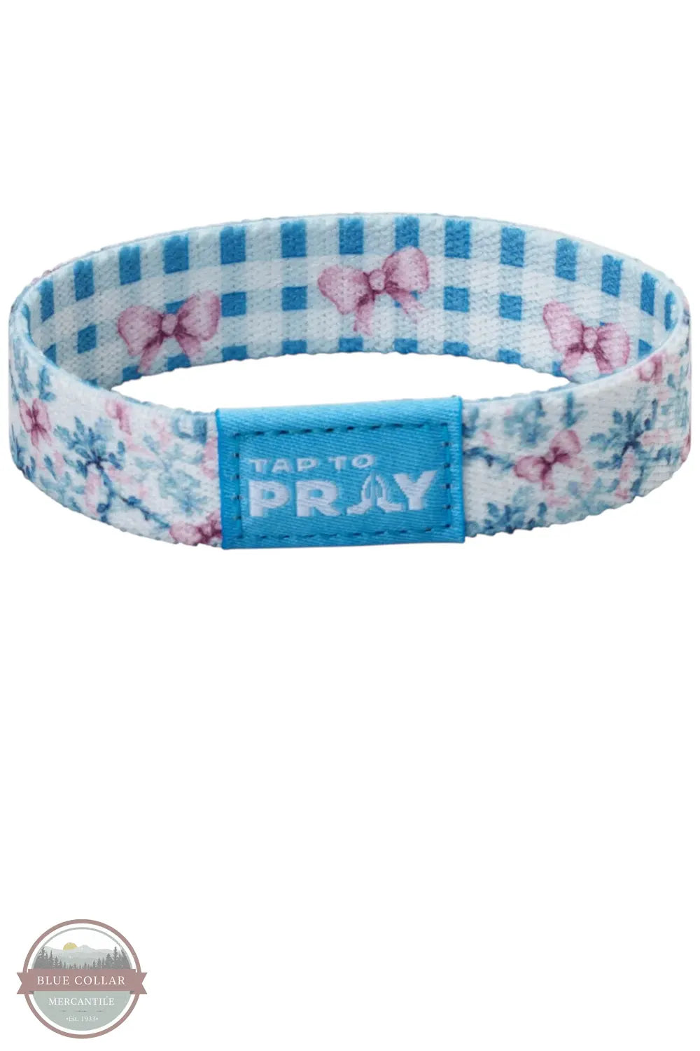 Versible's Blue Belle Tap To Pray® Wristband flower and bow side shown