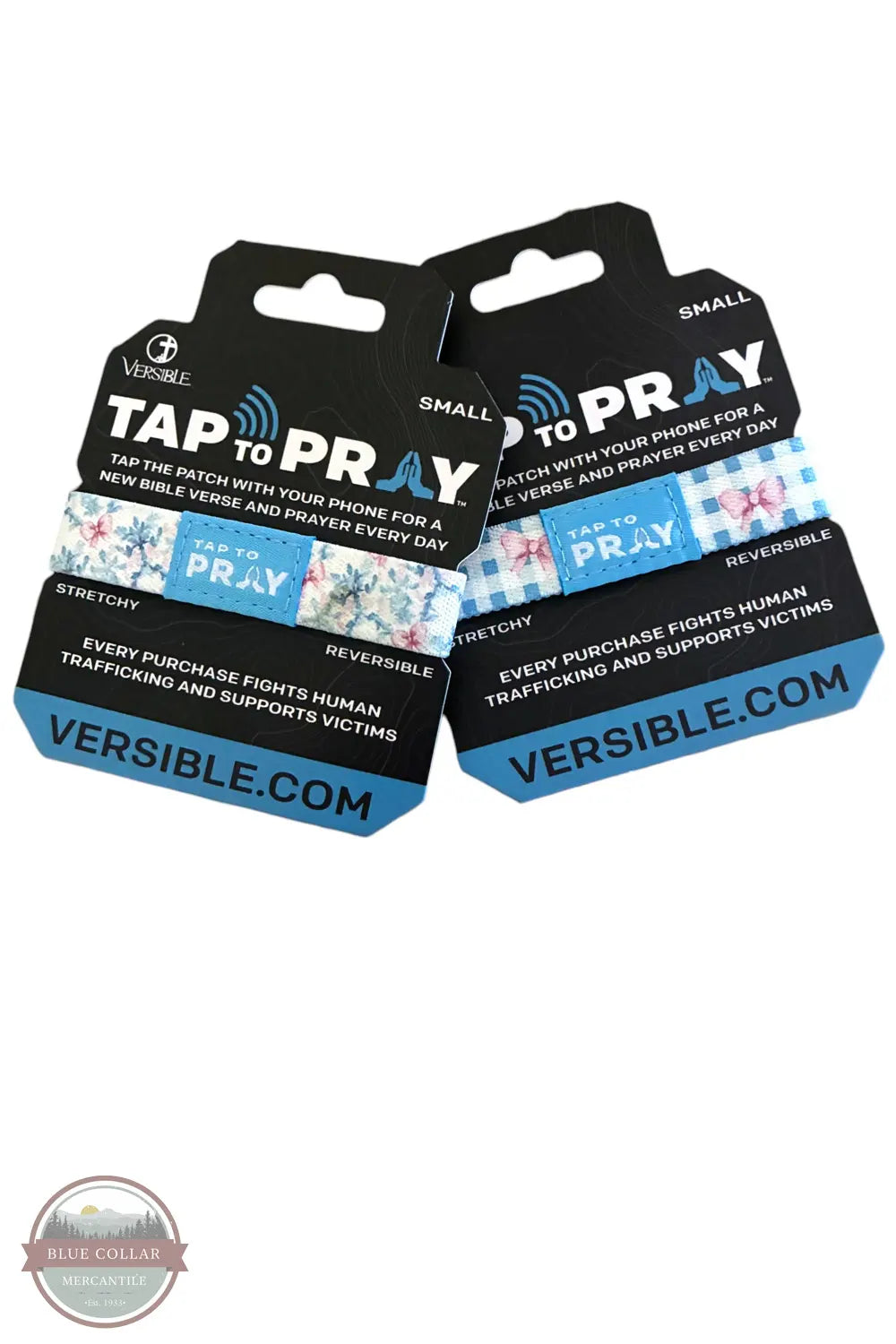 Versible's Blue Belle Tap To Pray® Wristband packaging shown
