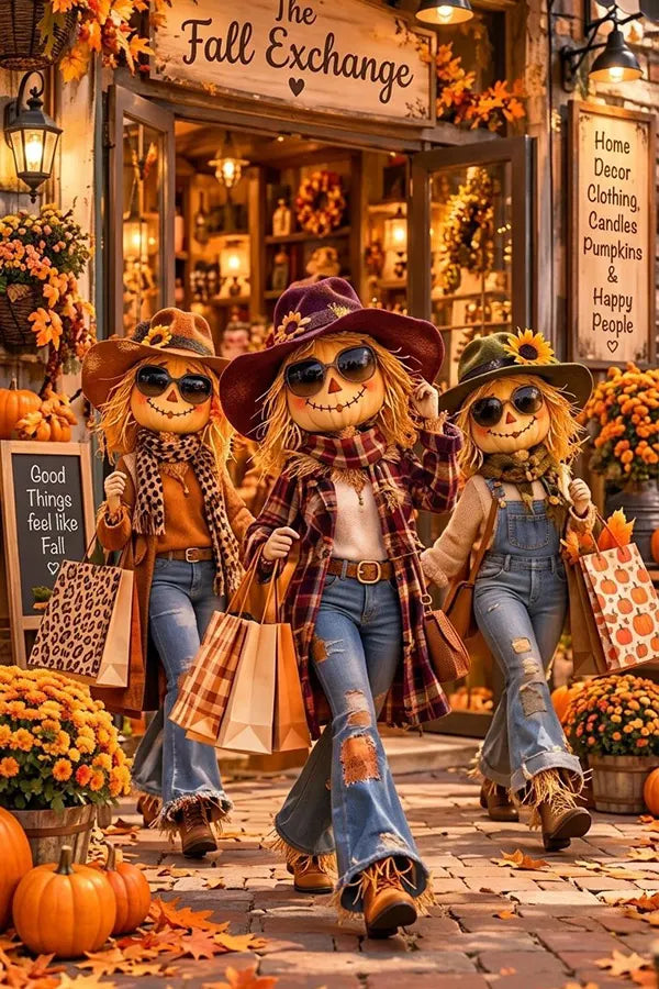 Blue Collar Mercantile Fall 2026 fashions available showing 3 pumpkin ladies shopping!
