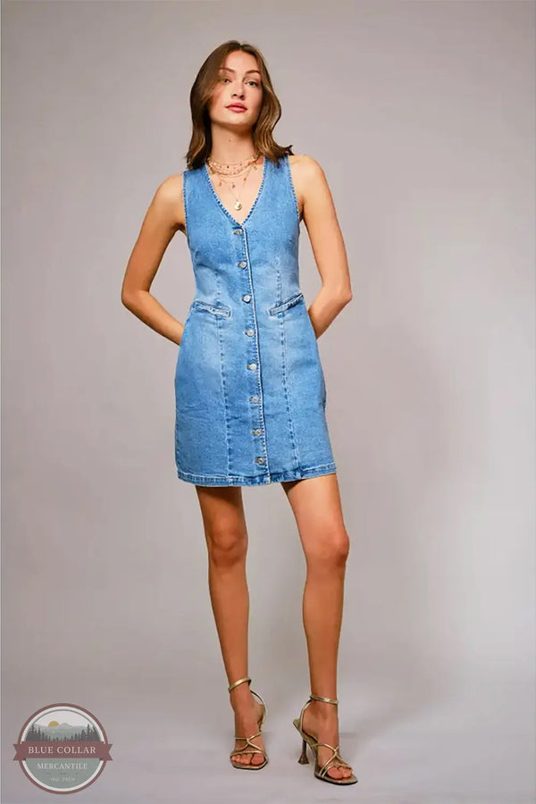 blueb. 23477D V-Neck Button Up Sleeveless Denim Mini Dress full front model view