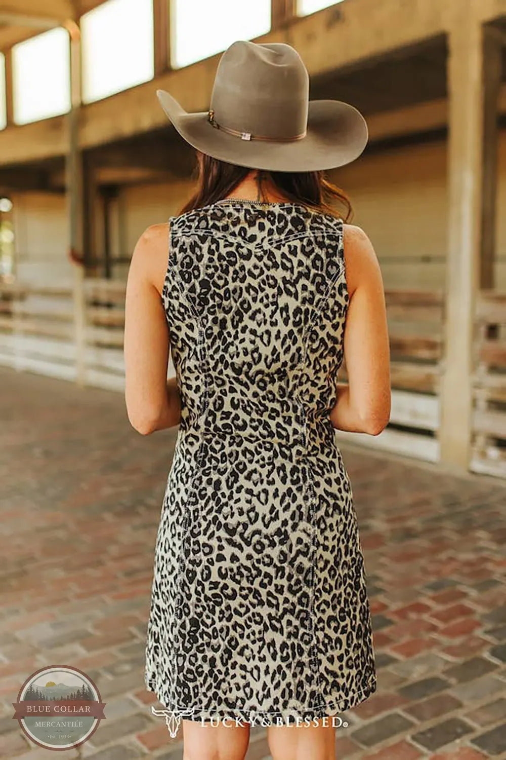 Lucky & Blessed DR612-LEO Leopard Print Stretch Denim Button Down Dress back view on model