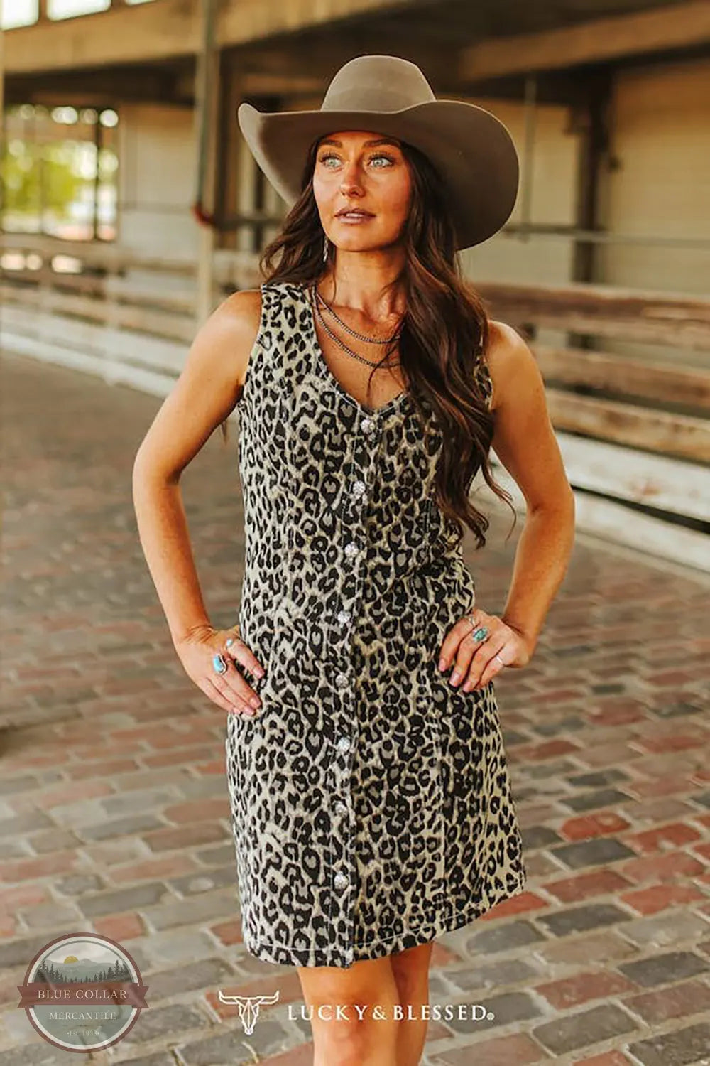 Lucky & Blessed DR612-LEO Leopard Print Stretch Denim Button Down Dress front view on model