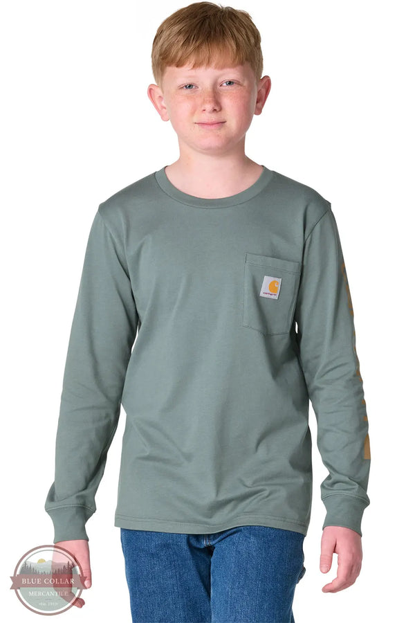 Carhartt CA6884 Boys' Long Sleeve Pocket Logo T-Shirt in 3 colors in youth's vintage green