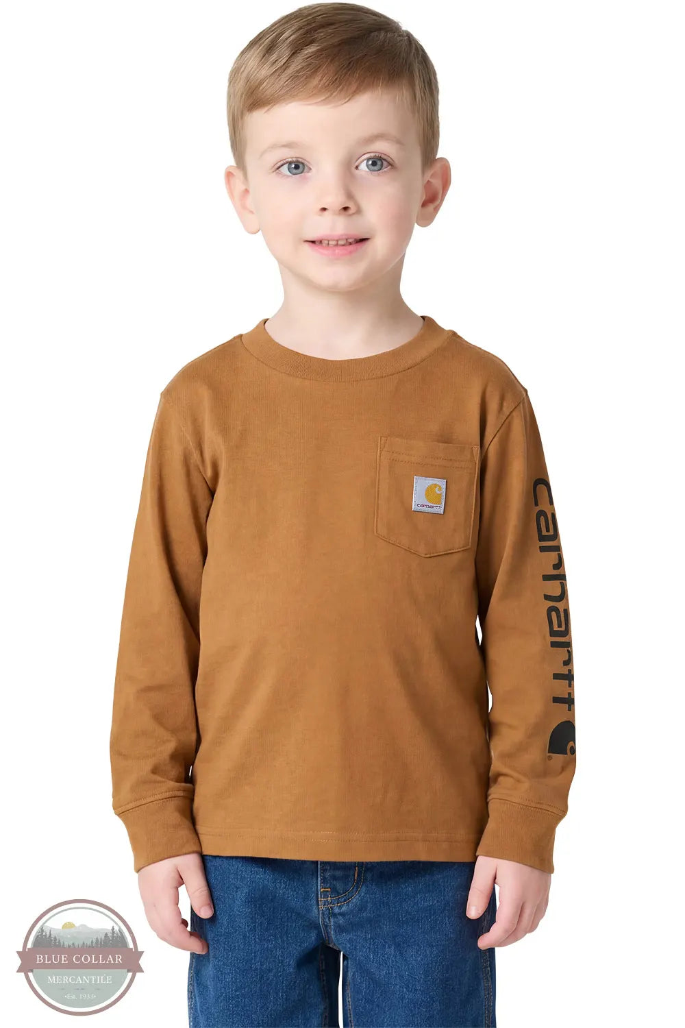 Carhartt CA6884 Boys' Long Sleeve Pocket Logo T-Shirt in 3 colors in carhartt brown shown on toddler