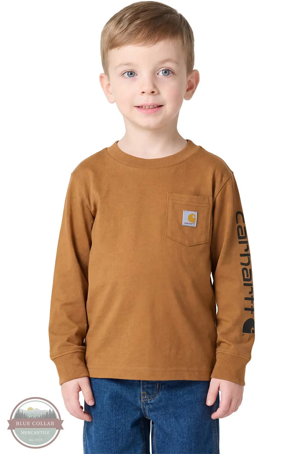 Carhartt CA6884 Boys' Long Sleeve Pocket Logo T-Shirt in 3 colors in carhartt brown shown on toddler