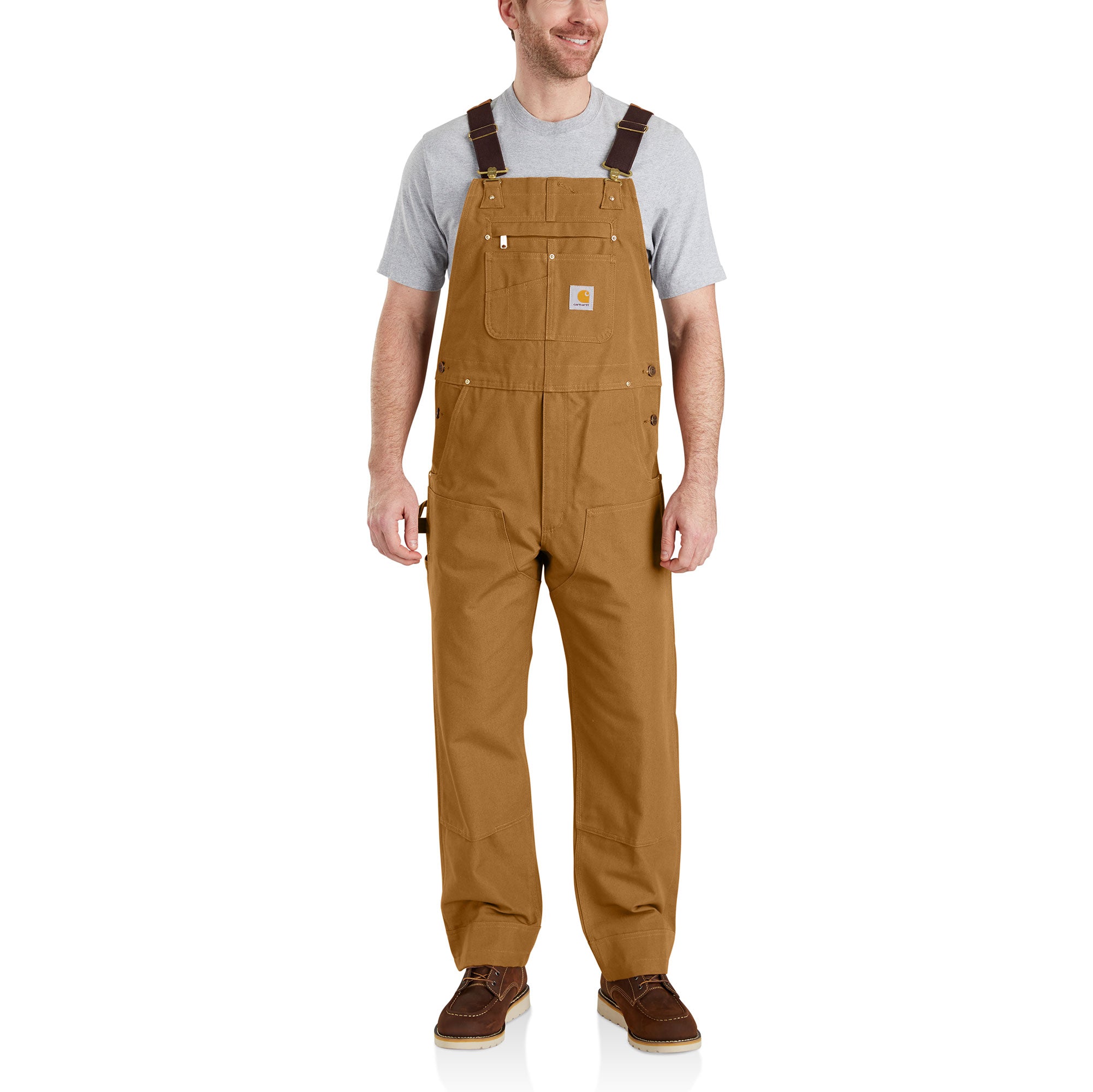 Carhartt 102776-211 Relaxed Fit Duck Bib Overall in Carhartt Brown front view with model