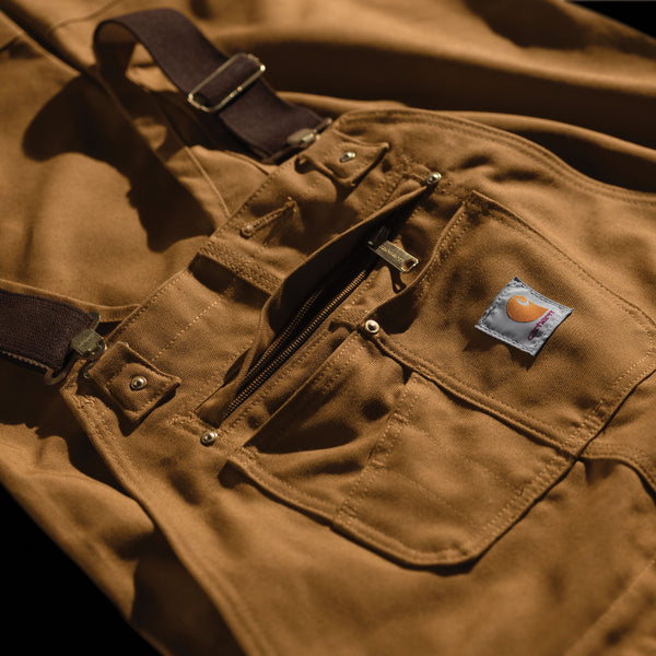 Carhartt 102776-211&nbsp;Relaxed Fit Duck Bib Overall in Carhartt Brown close up of front pockets