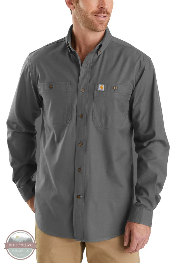 Carhartt 103554 Rugged Flex Relaxed Fit Midweight Canvas Long-Sleeve Shirt in Gravel Grey on Model