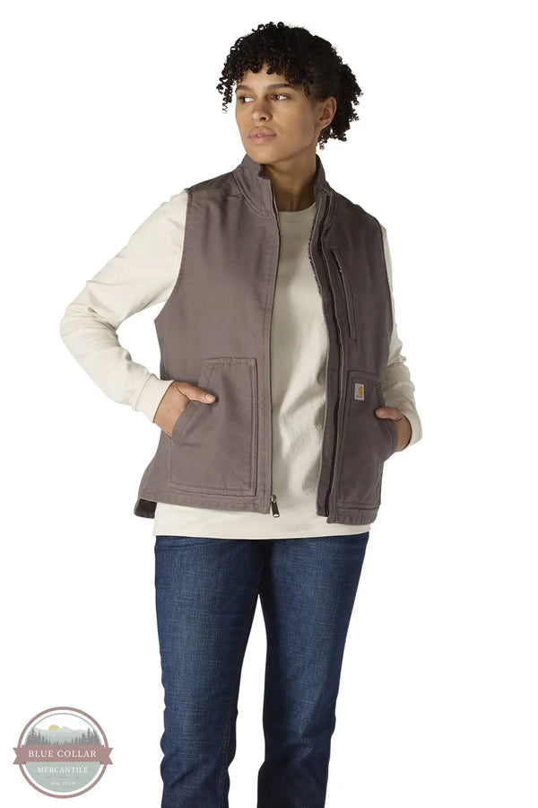 Carhartt 104224 Women's Sherpa Lined Vest Relaxed-Fit Washed Duck 032 Taupe gray on model