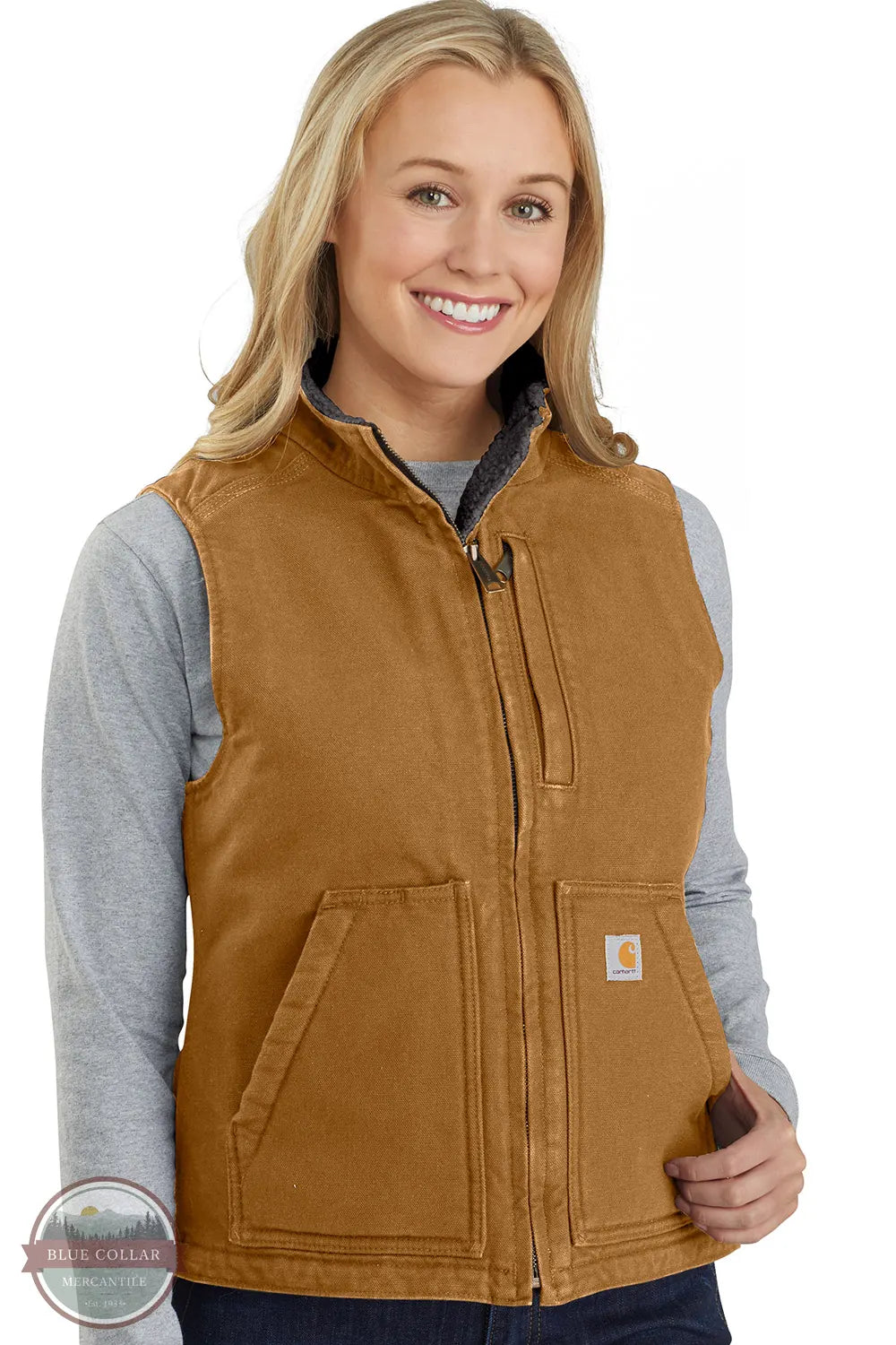 Carhartt 104224 Women's Sherpa Lined Vest Relaxed-Fit Washed Duck 211 Carhartt Brown on Model