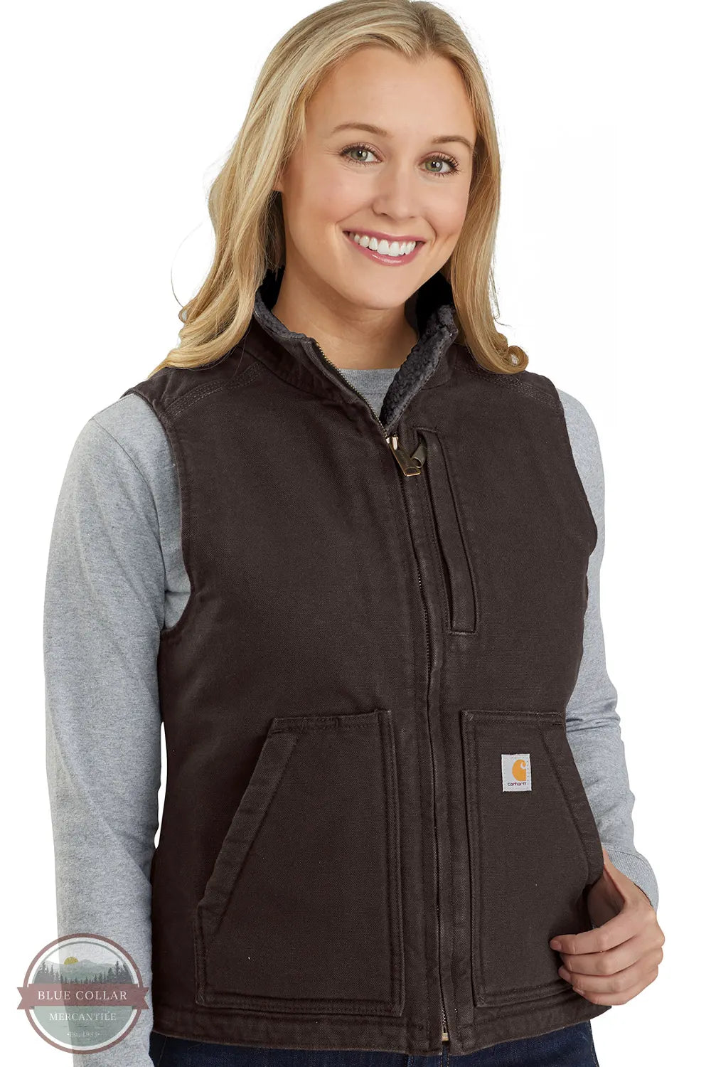 Carhartt 104224 Women's Sherpa Lined Vest Relaxed-Fit Washed Duck DKB DArk Brown on model