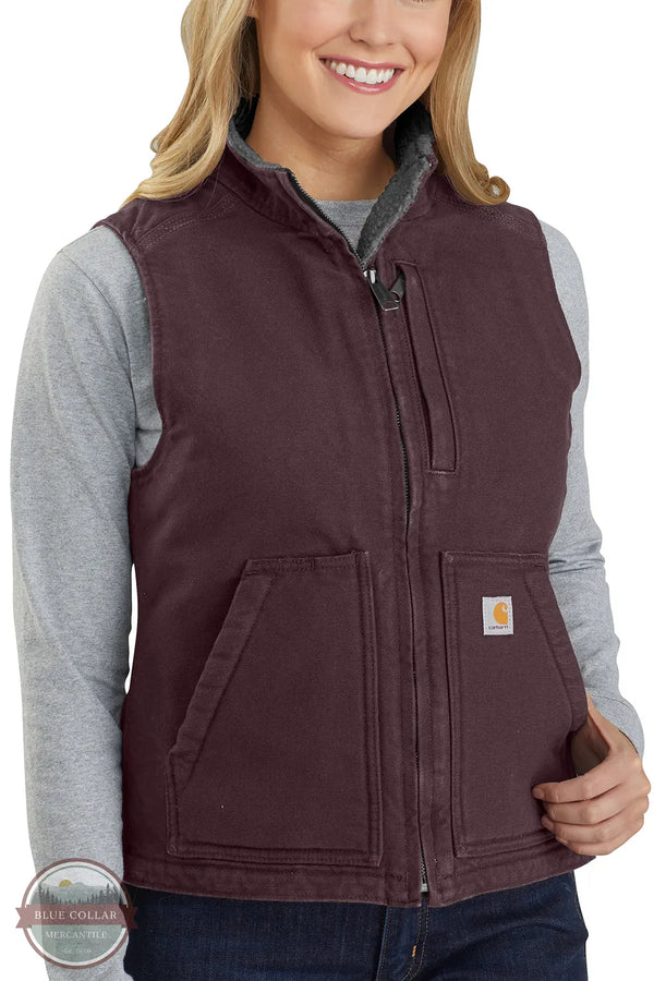 Carhartt 104224 Women's Sherpa Lined Vest Relaxed-Fit Washed Duck V26 Blackberry on model