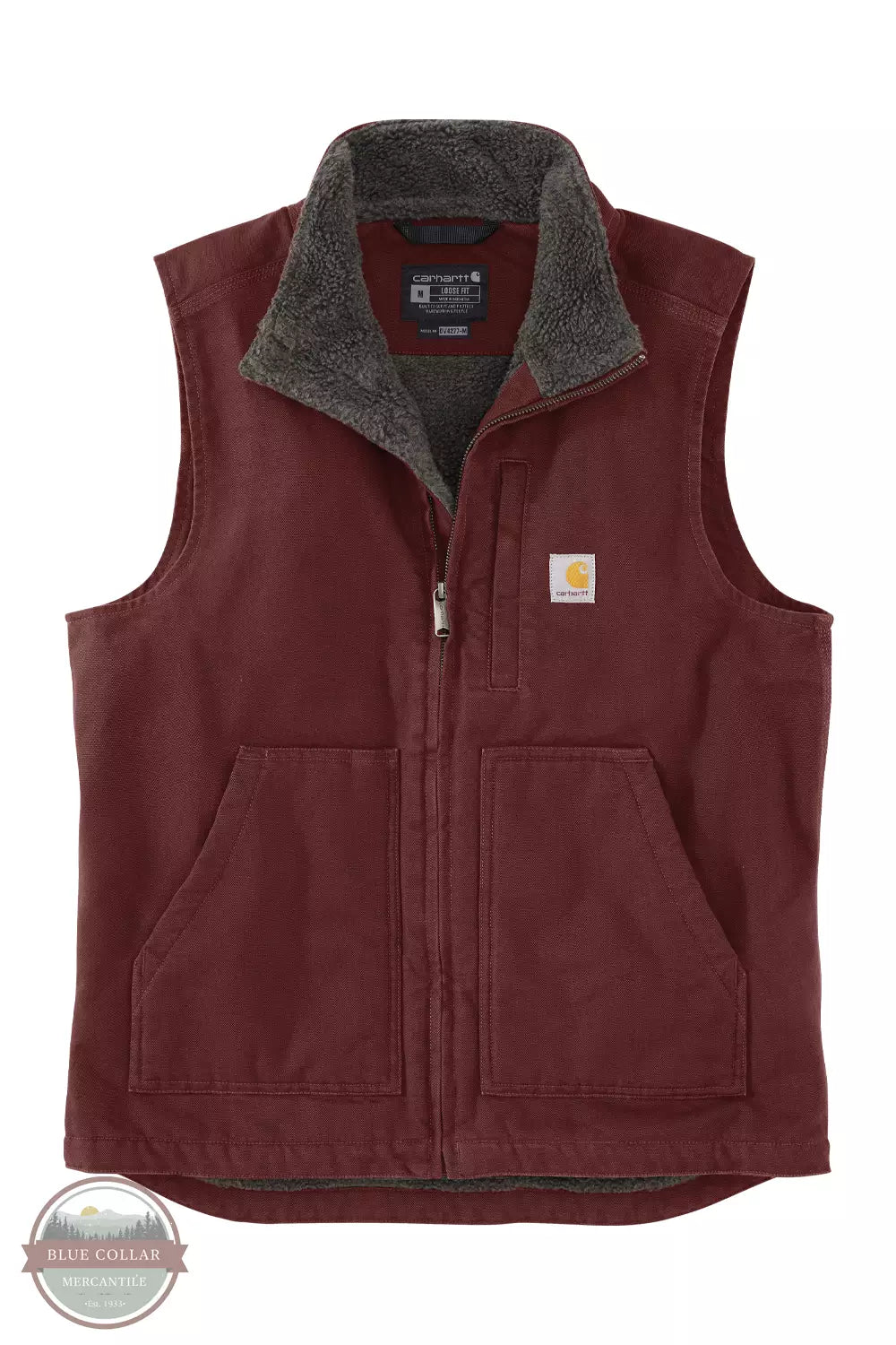 Carhartt 104277 Loose Fit Washed Duck Sherpa Lined Mock Neck Vest Burgundy Front View