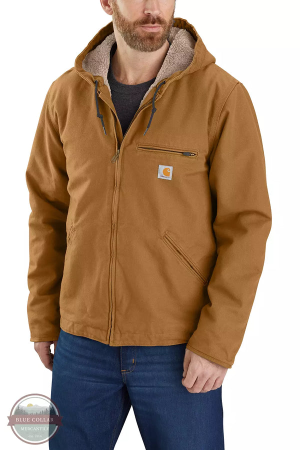Carhartt 104392 Relaxed Fit Washed Duck Sherpa-Lined Jacket Carhartt Brown Front View