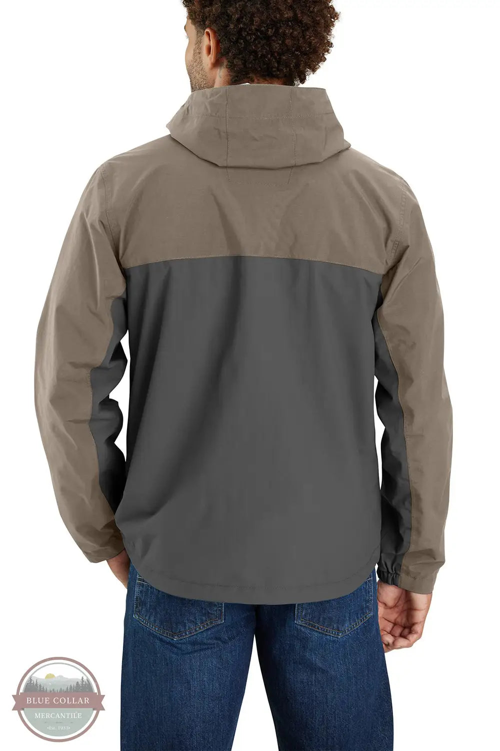 Carhartt 105751 Storm Defender Relaxed Fit Lightweight Packable Jacket in tan/gray, model rear view