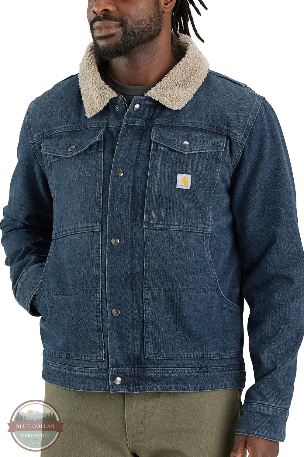 Carhartt 106323 H87 Relaxed Fit Denim Sherpa-Lined Jacket - 2 Warmer Rating front model view