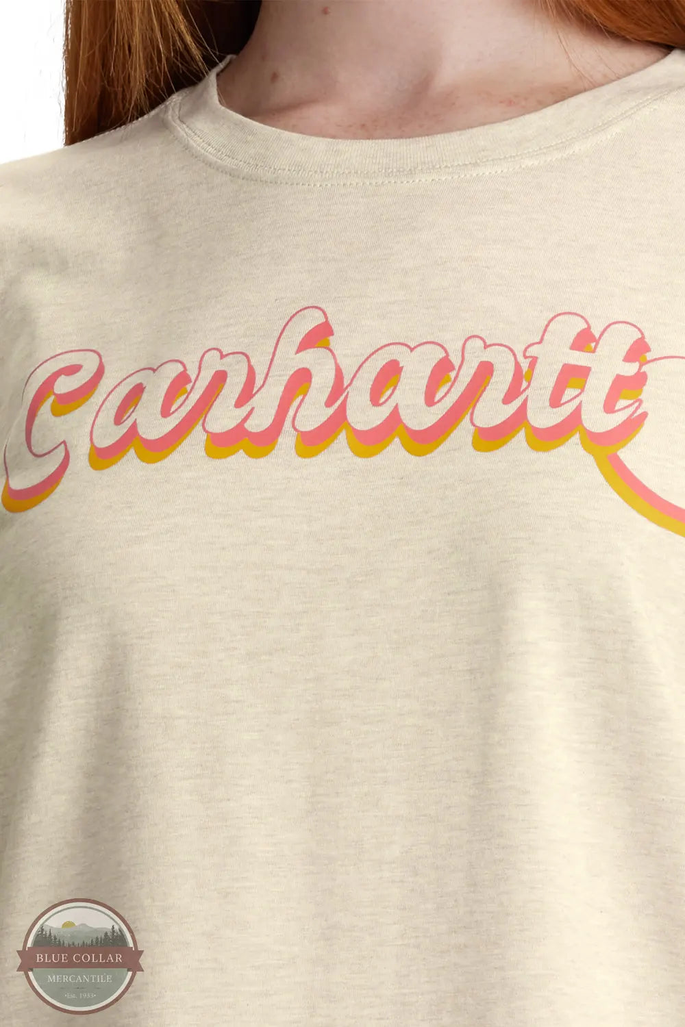 Carhartt 106833-A22 Women's TENCEL Fiber Series Loose Fit Short-Sleeve Script Graphic T-Shirt in Oak Milk Heather close up of image print on shirt